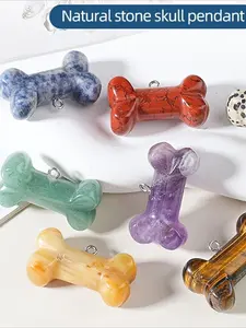 9pcs/set Natural Crystal Bone Pendant, DIY Keychain Necklace Charm, Puppy Pet Accessory, Raw Stone Carved Agate Bone, Gift for Pet Lovers, Random Colors