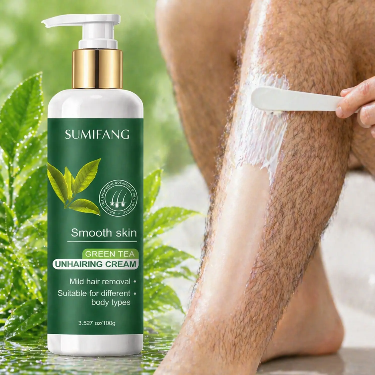 SUMIFANG Green Tea Gentle Hair Removal Cream – Aloe Vera + Green Tea – Multi-area Hair Removal – Suitable for Arms, Legs, Underarms, and Bikini Line – 100g – Suitable for All Skin Types – Ideal for At-Home Spa or Travel