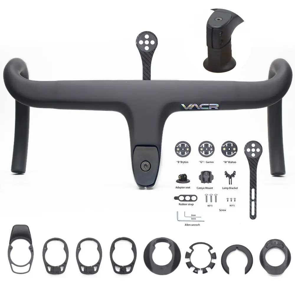 VACR Integrated Carbon Road Bike Handlebar 28.6mm Internal Cable Routing Black Drop Bar, Includes Spacers & Integrated Computer Mount Bike Parts