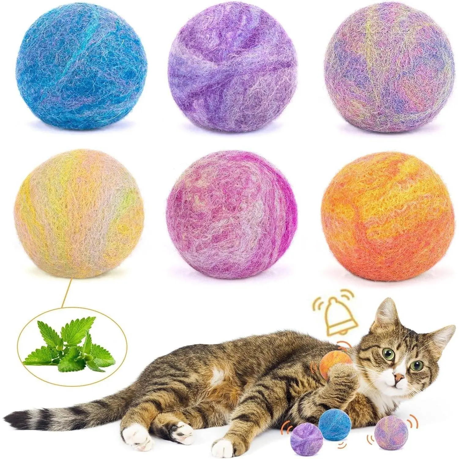 Catnip Balls with Bell Inside - 6 Pcs Interactive Catnip & Silvervine Cat Toys, Durable Wool Balls for Indoor Cats, Kitten Teething Toys, Natural Catnip Toys for Bored Cats
