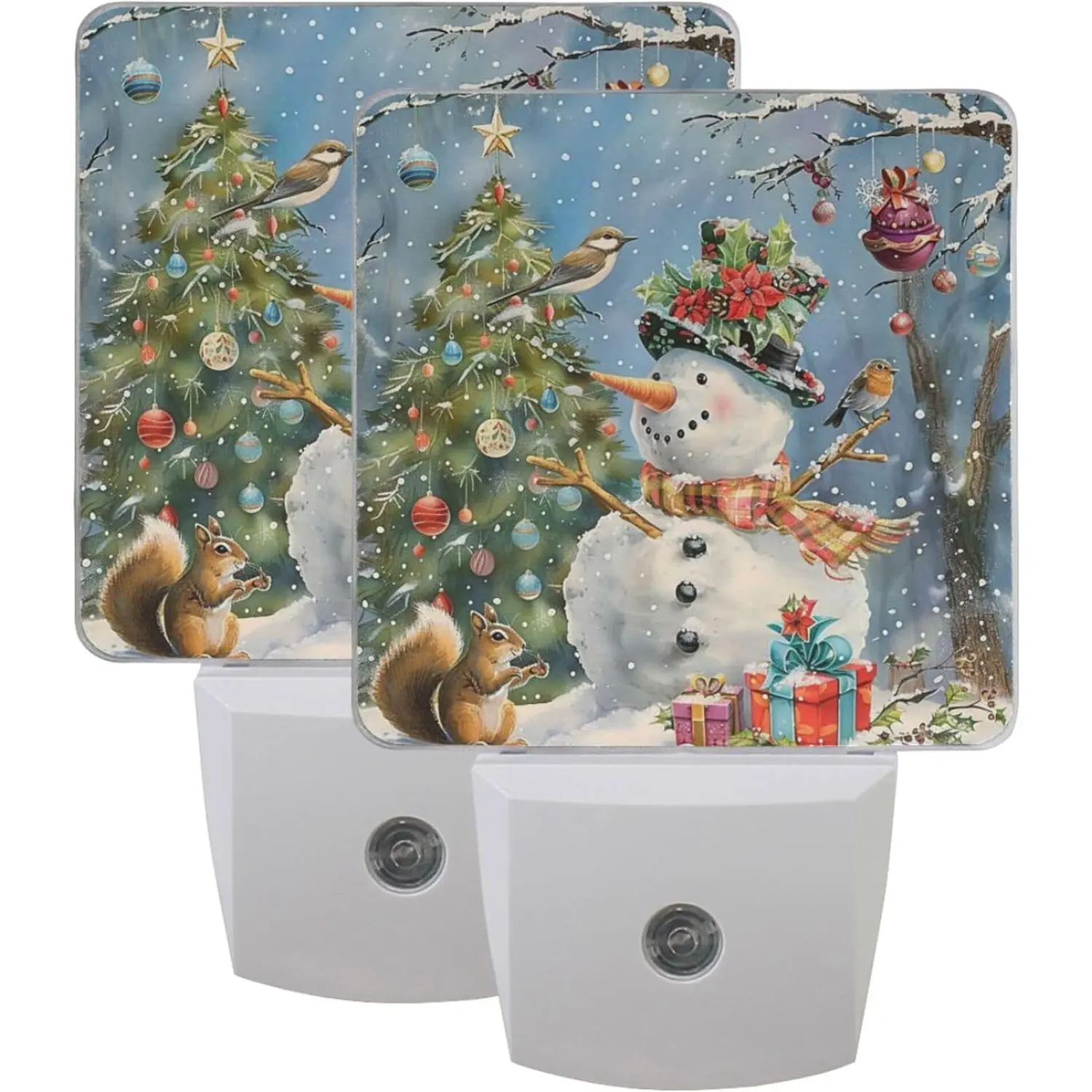 Winter Snowman Birds Night Light LED Sensor Set of 2 Christmas Tree Xmas Bells Snow Table Desk Lamps with Adjustable Brightness Eye-Caring for  Bedroom Office Parlour