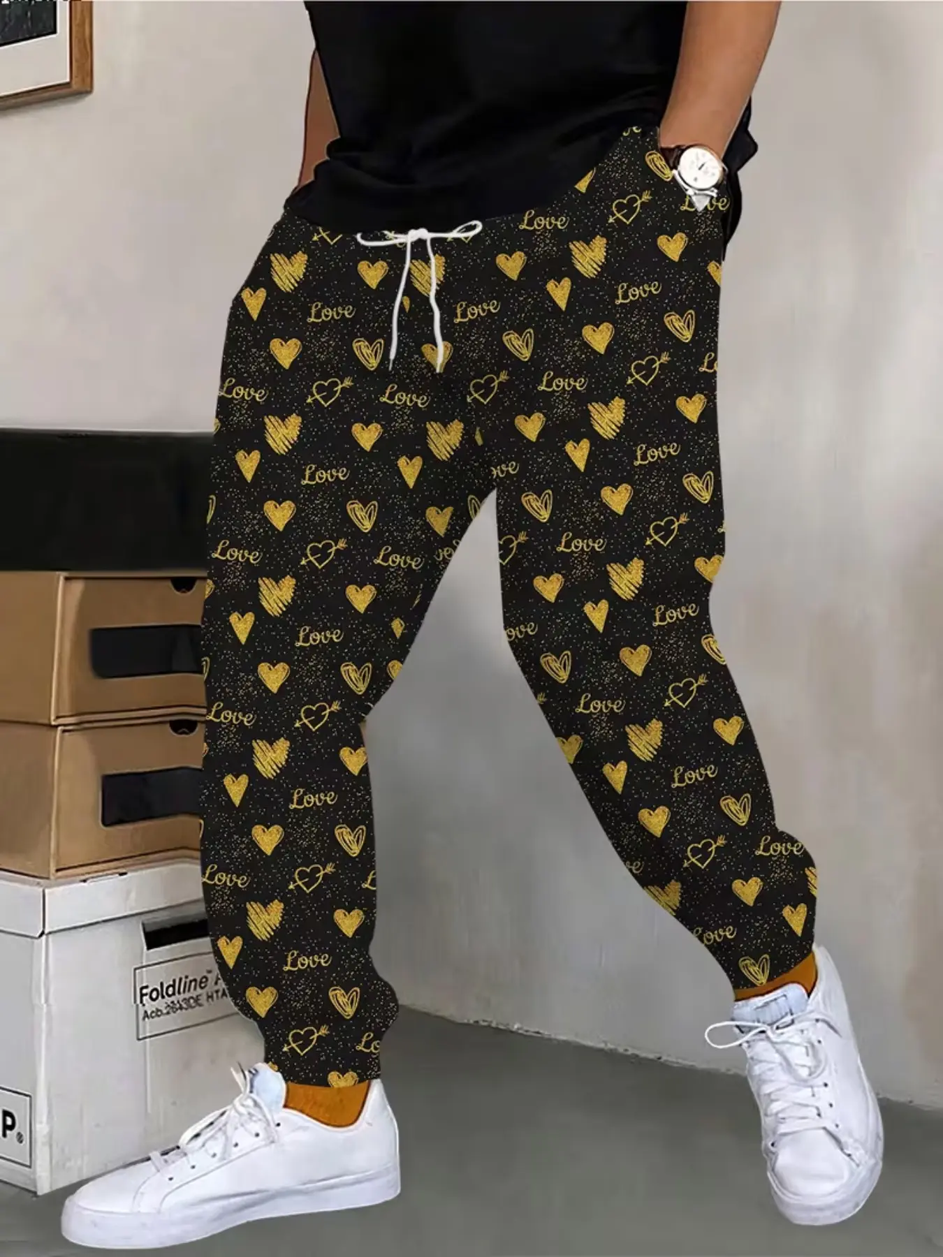 Valentine's Day Limited Edition Sweatpants, Heart Pattern All over Print, Slim-Fitting Long Pants, Casual Fall Wear, Unlined Comfort