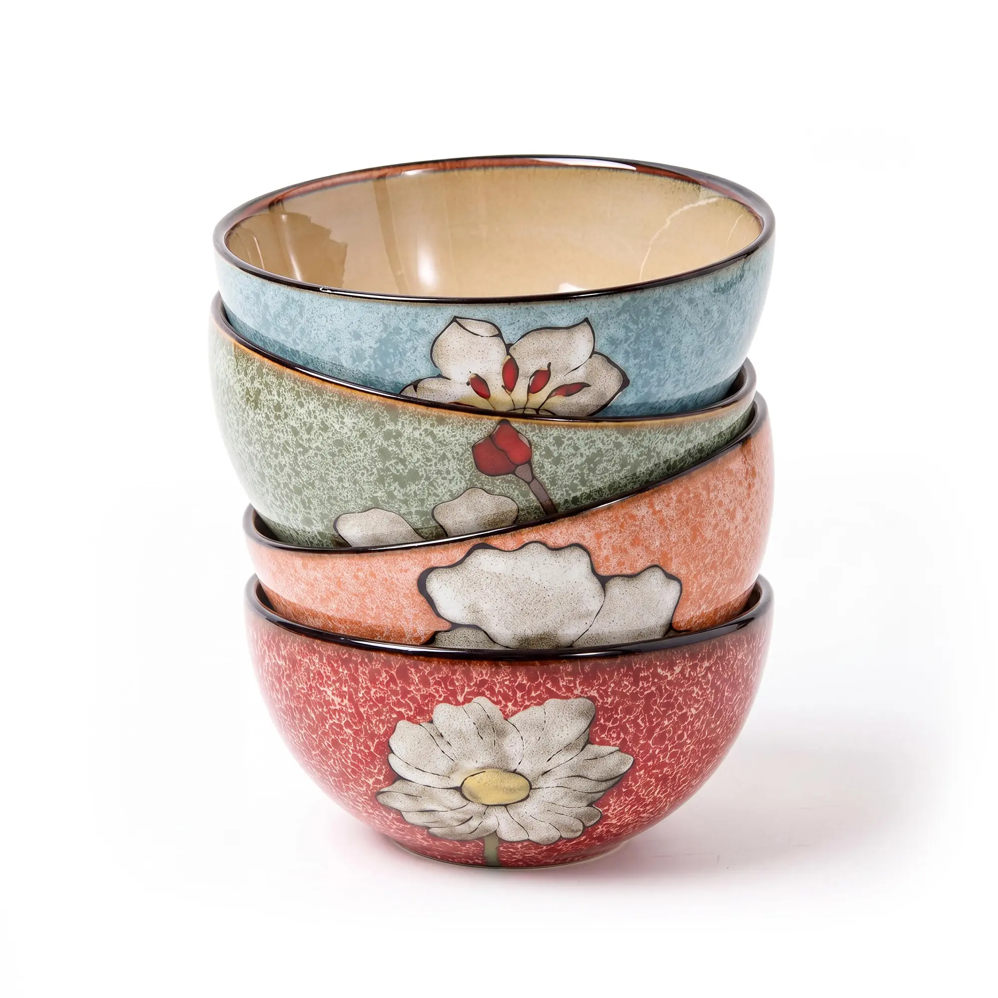 4-Pack 6-Inch Bohemian Ceramic Cereal Bowls, Hand-Painted Floral Underglaze, Heat-Resistant Kitchen Tableware for Soup, Salad, Breakfast