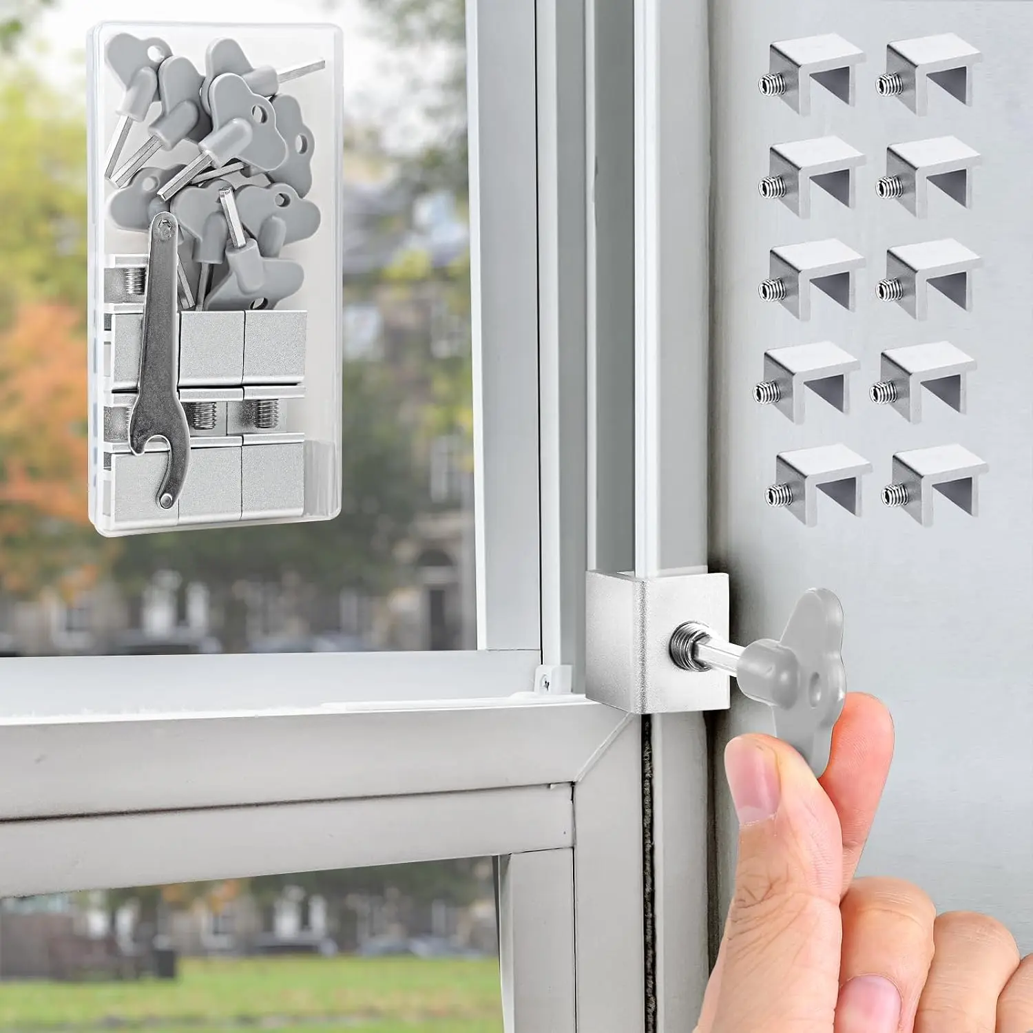 [10 Sets] Sliding Window Lock with Key Aluminum Alloy Adjustable Security Lock (Silver) Single Hole Quick Installation Anti-Theft and Anti-Theft Suitable for Vertical/Horizontal Windows