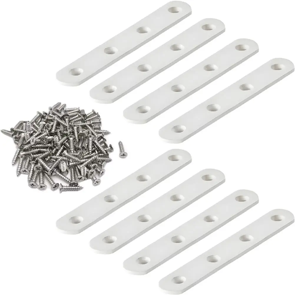 Women's Flat Brackets - 8-Pack 4in Rust-Resistant Solid Metal Heavy-Duty White Stainless Steel Flat Straight Brackets with Countersunk Edges, Flush Install Mending Plates, Wood Repair Braces & Mounting Screws