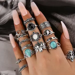 Vintage Carved Black Gemstone Ring Turquoise Floral Turtle 16 Piece Set For Women Unique Gift Idea