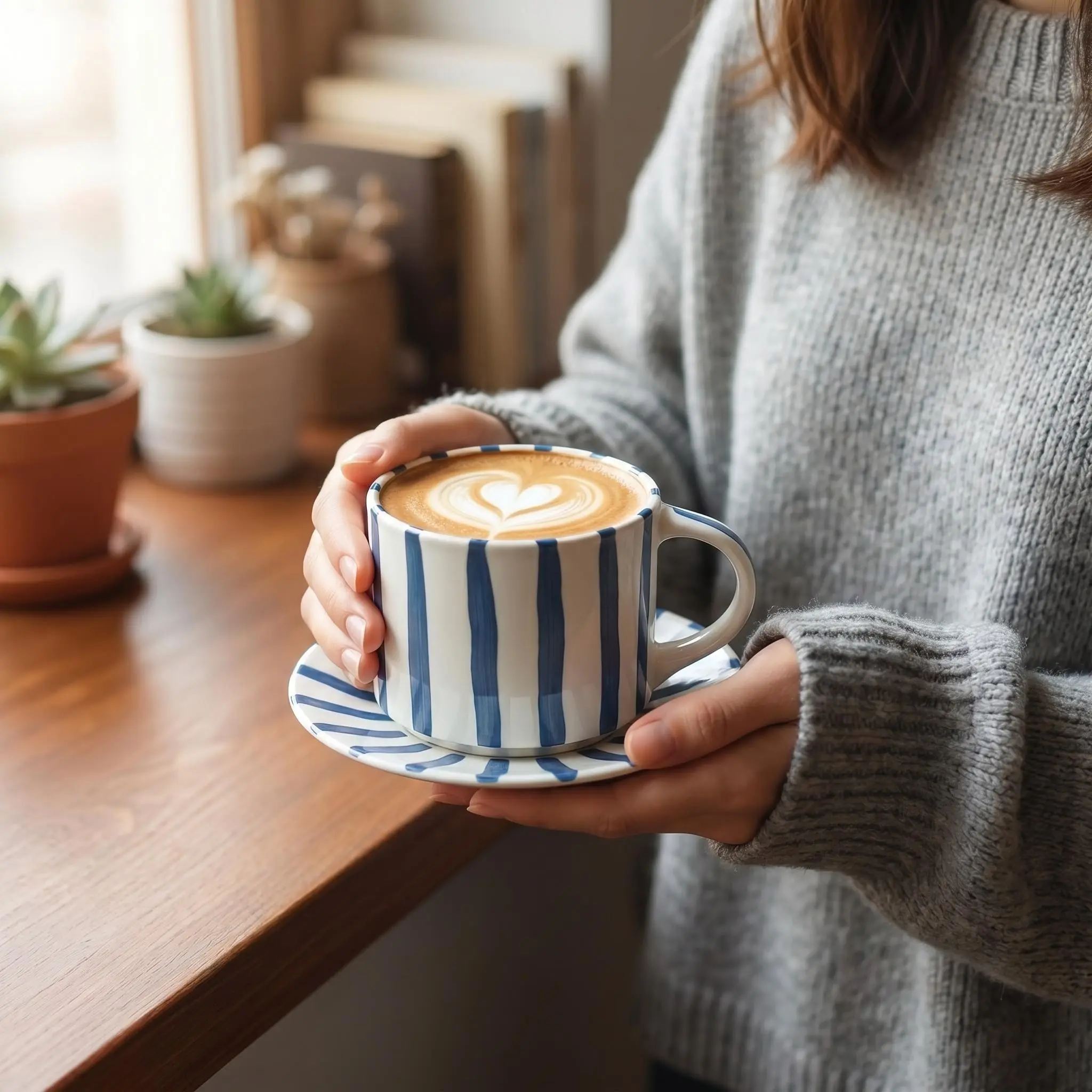 Striped Ceramic Coffee Cup and Saucer Set, Creative Japanese Mug, Elegant Tableware, Hand-Painted Artistic Design, Ideal for Restaurants and Cafes