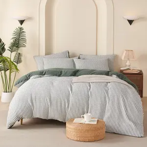 Striped Duvet Cover Queen Size - 3 Pieces Washed Microfiber Duvet Cover Set, Striped Bedding Comforter Cover Set with Zipper Ties, 1 Duvet Cover and 2 Pillowcases, Dark Green