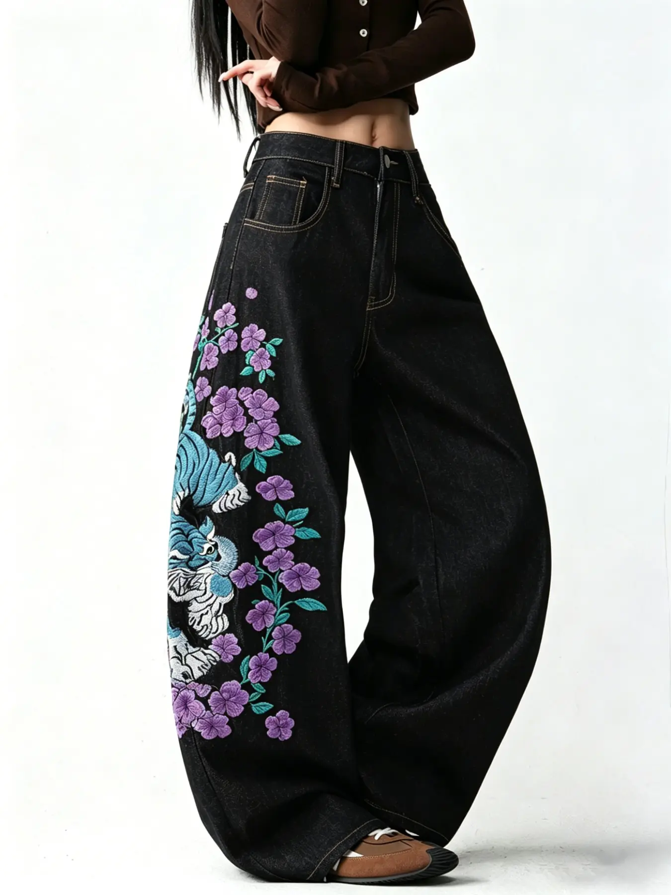 Women's High-Waisted Loose Fit Baggy Jeans, Tiger Cherry Blossom Floral Embroidery, Street Style Streetwear, Fashionable Long Pants, No Belt Included