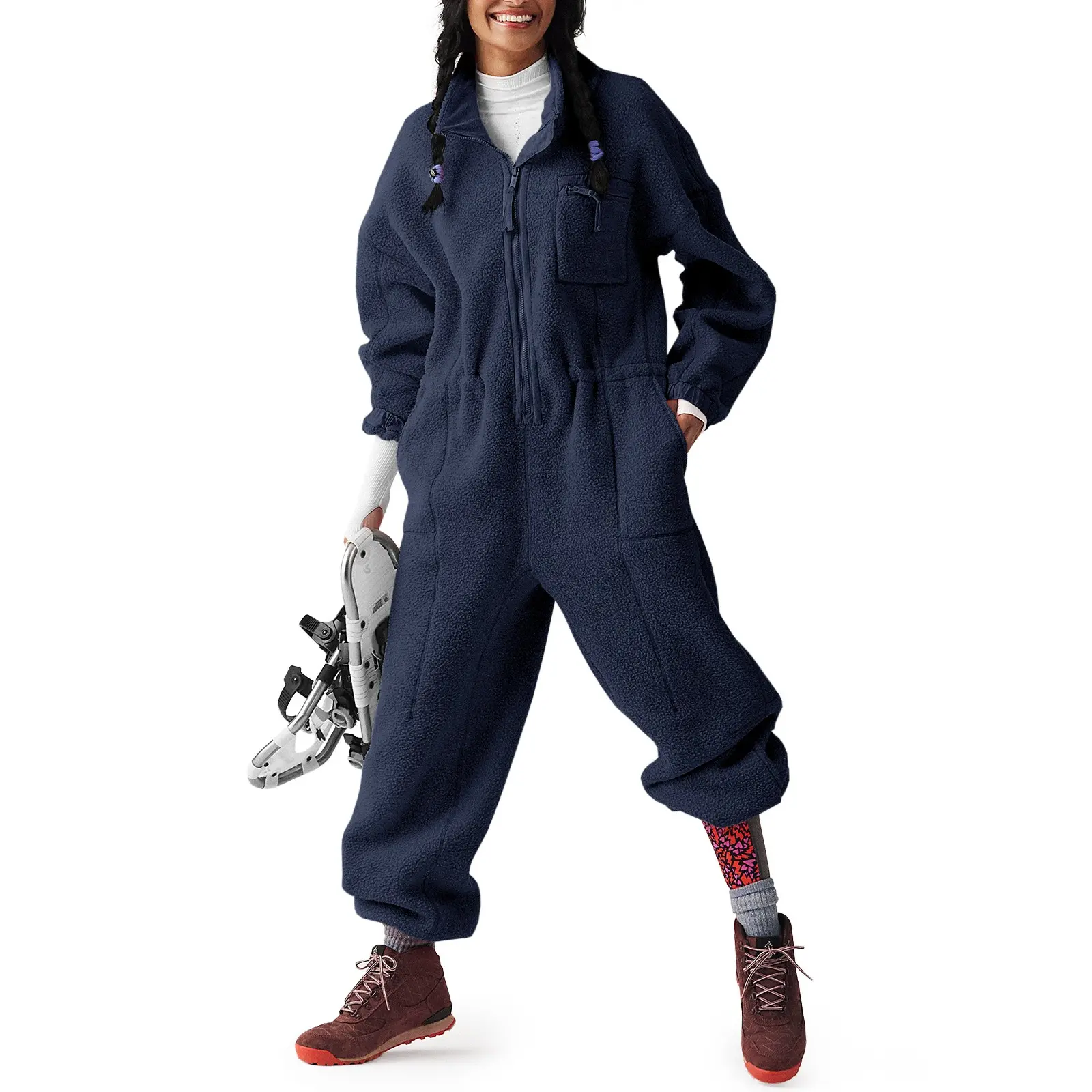 Yousify Women's Minimalist Fleece Jumpsuit - Warm Winter Oversized Loungewear, Long Sleeve Crew Neck, Baggy Onesie with Pockets, Basics Women's Overalls Set