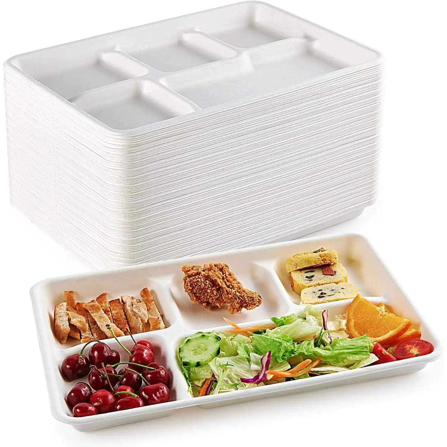 Compostable Disposable 5 Compartment Paper Plates, 12.5inch| 100 Pack, Biodegradable Sugarcane Plates, Eco-Friendly School Lunch Trays