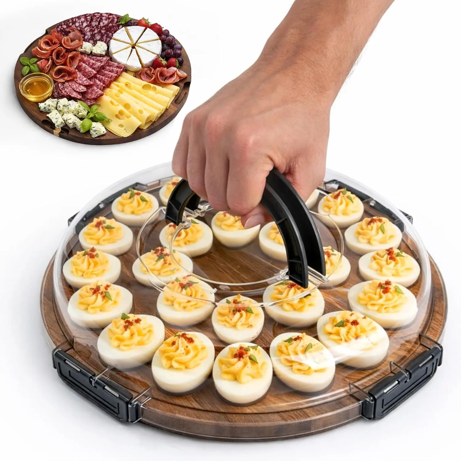 Deviled Egg Containers with Lid, 2026 Upgraded Acacia Wooden Deviled Egg Tray Platter, Round Charcuterie Board with Clear Lid, Travel Picnic Portable Cheese Board Charcuterie Boxes for Party Gatherings and Home Kitchen, House Warming Gifts New Home