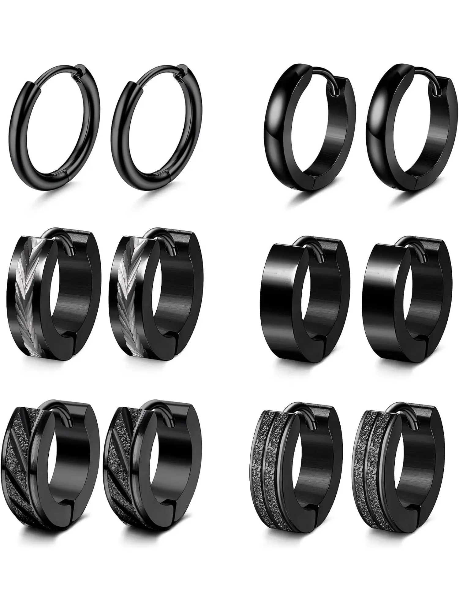 6Pairs Unisex Black Stainless Steel Small Huggie Sleeper Hoop Earring Bundle, Classic Mini Hoops For Helix Cartilage Piercing Jewelry Men Women