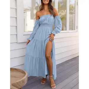 Women's 2025 Bohemian Sexy Off Shoulder Long Sleeve Smoked High Waist Side Blossoming A-line Layered Long Style Maxi Casual Ball Summer Dress Graduation Sun Dress Birthday Dress Women's Formal Pool Party Dress Knitted Dress Brunch Autumn Bareback