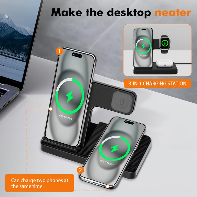 Portable 3-in-1 Wireless Charger Foldable Charging Station for iPhone 16 15 14 Pro Max 13 12 11 iWatch 9 8 7 6 5 4 3 2 SE AirPods 3 2 Pro Multiple Devices Compatible with Android Phones and Smartwatch