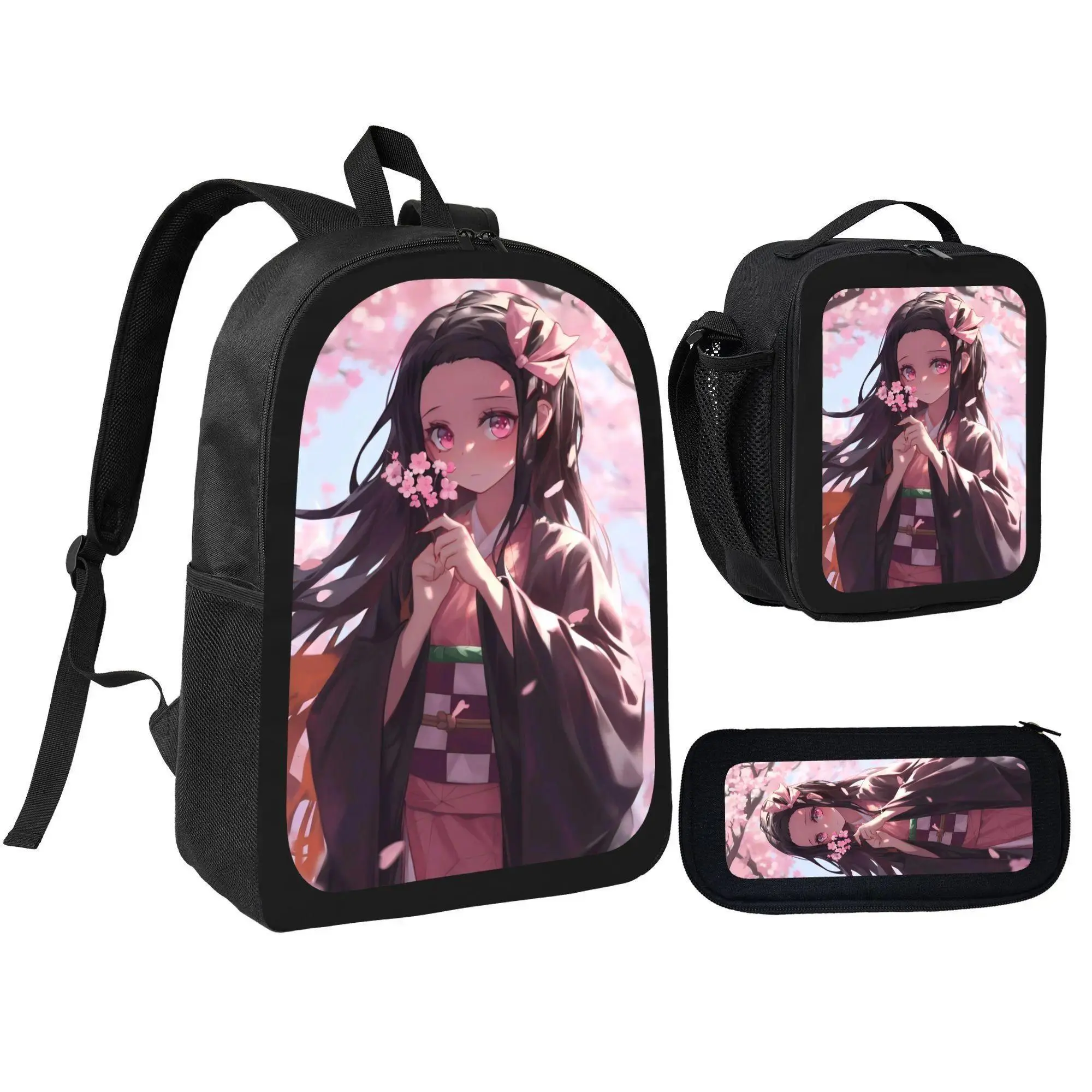Demon Slayer Kimetsu no Yaiba Nezuko Collaboration 3-Piece Black Set - School Backpacks, Pencil Case, Lunch Bag for Anime Fans