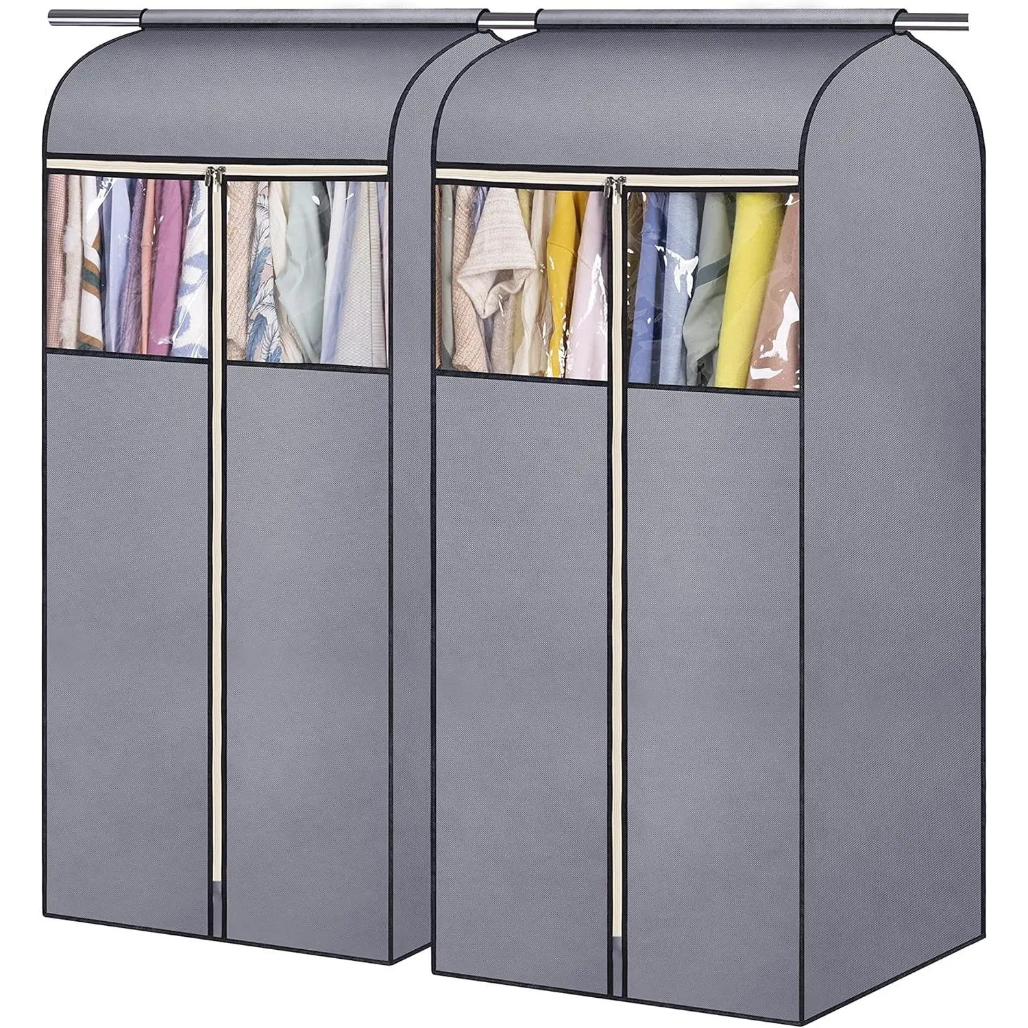 54'' Hanging Garment Bags for Closet Storage Sealed Completely Jackets Coats Suits Clothes Rack Cover for Wardrobe with Clear PVC Window, 2 Packs, Grey(Hanging Rod Not Included)