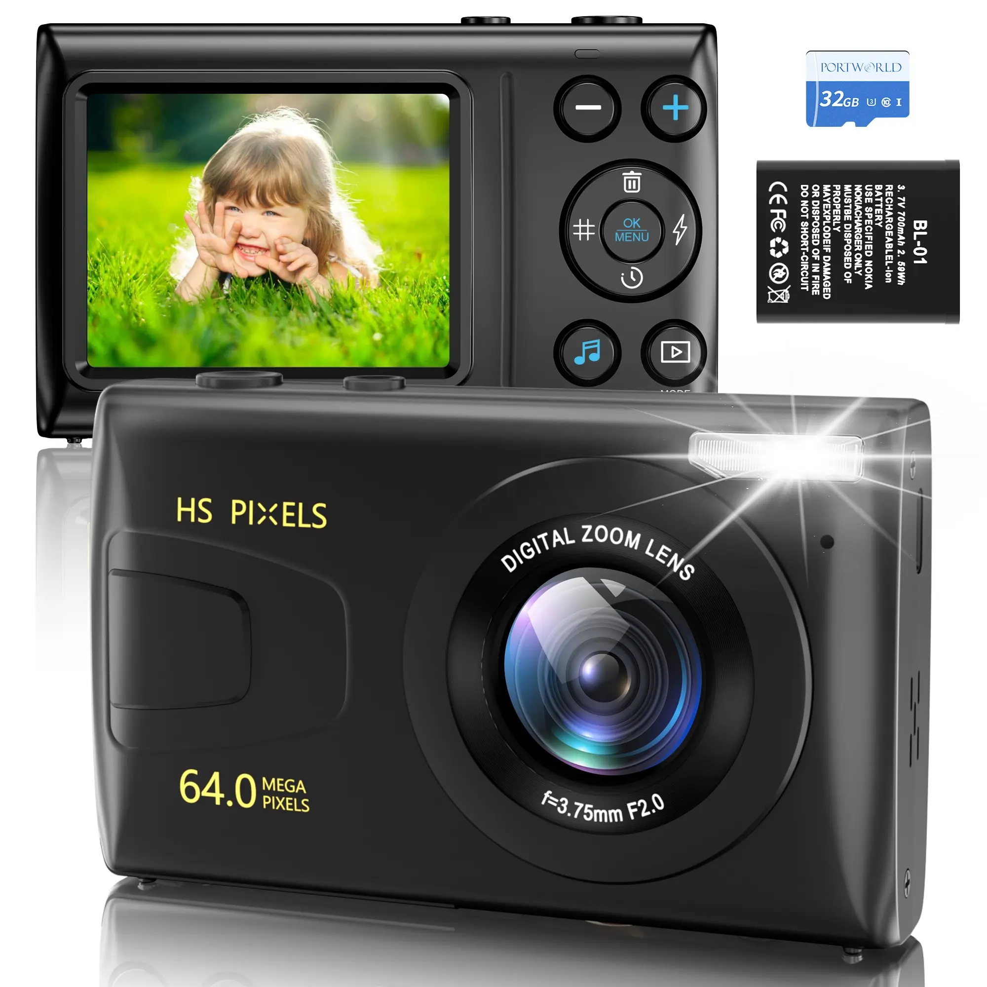 4K HD 64mp Digital Camera, 2.4 LCD Screen, 18x Zoom Lens, 8 Filters, Mp3 Function, 32GB Memory Card, Kids Gift, Travel Recorder