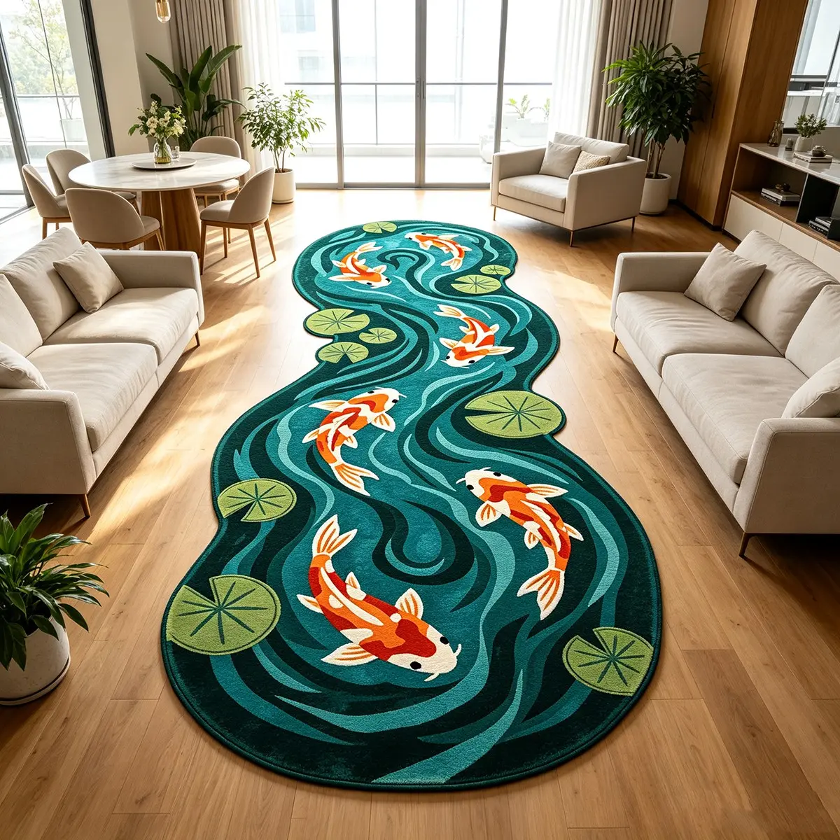 1Pc Chinese Wavy Koi Fish Shaped Plush Rug, Home Decor Rugs, Dark Green Water Ripple Red White Koi High Density Floor Mat, Skin-Friendly Wear Resistant Anti-Shed Auspicious Oriental Decor Runner Carpet for Living Room Bedroom Hallway