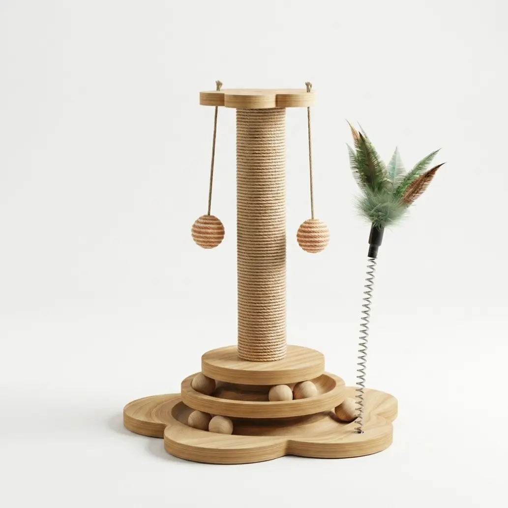 3-in-1 Interactive Cat Scratching Post with Spring Feather Wand and Rolling Ball Track, Stable Solid Wood Sisal Cat Scratcher for Indoor Kittens and Cats, Furniture Protection Toy