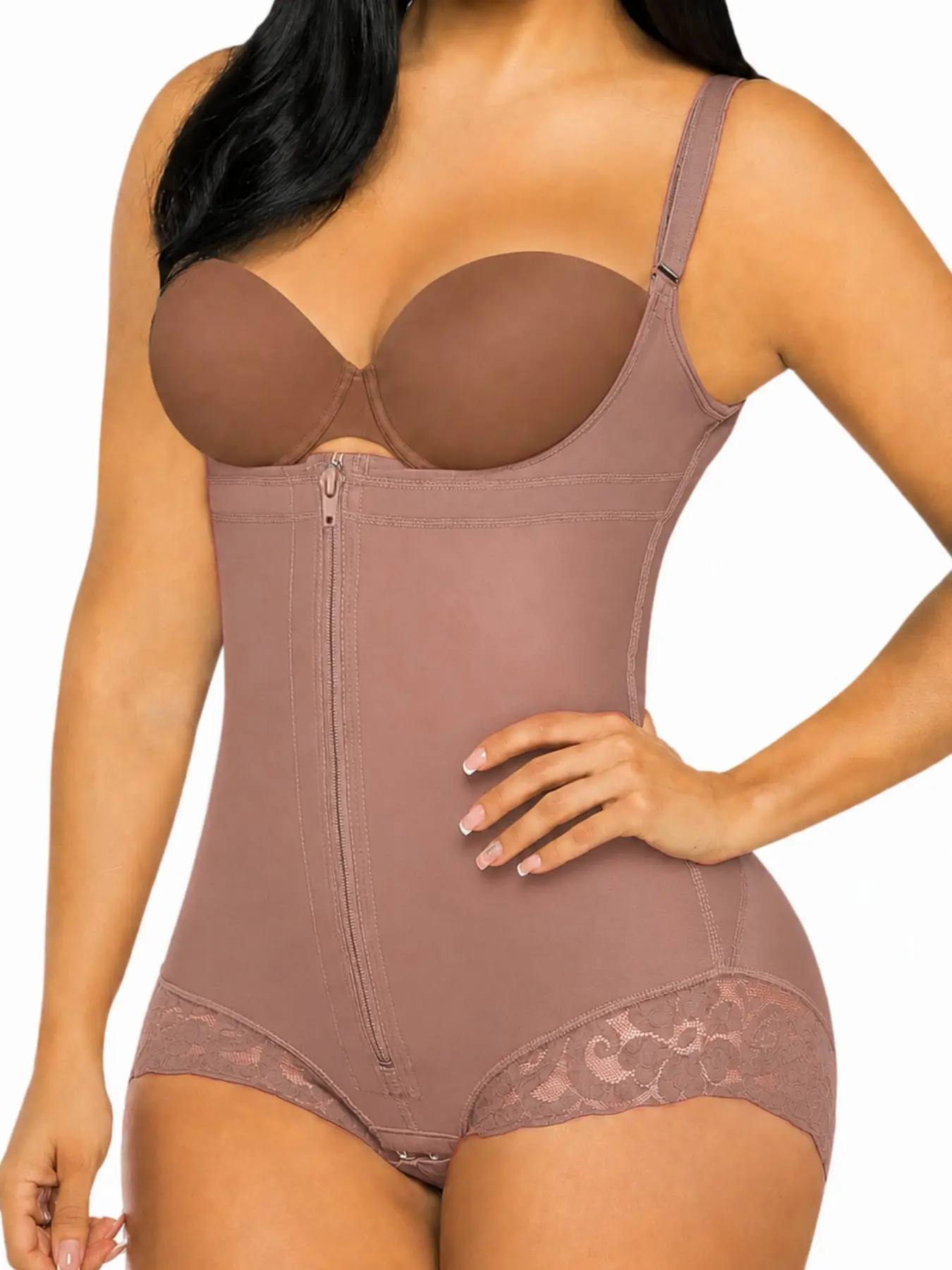 1 Count Women's Solid Color Lace Open Bust Bodysuit, Colombian Shapewear, Fajas, Adjustable Thin Shoulder Straps and Zipper Breathable Shapewear, Butt Lifting and Tummy Control Hooks Crotch Stylish Design Jumpsuit, Suitable for Fitness & Yoga & Party