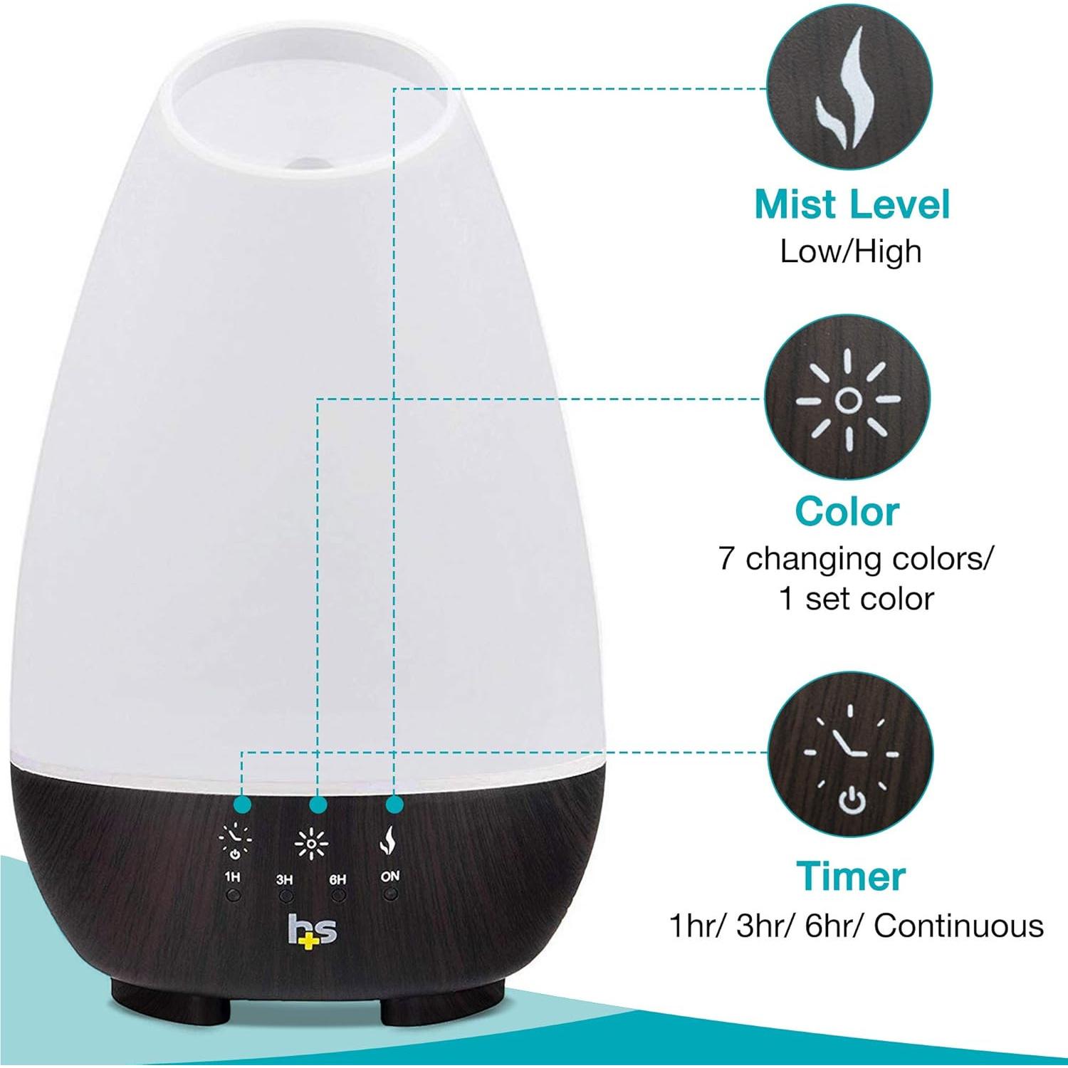 500ml Essential Oil Diffuser & Cool Mist Humidifier – Adjustable Timer, 7 LED Colors, FSA/HSA Eligible, for Large Rooms, White