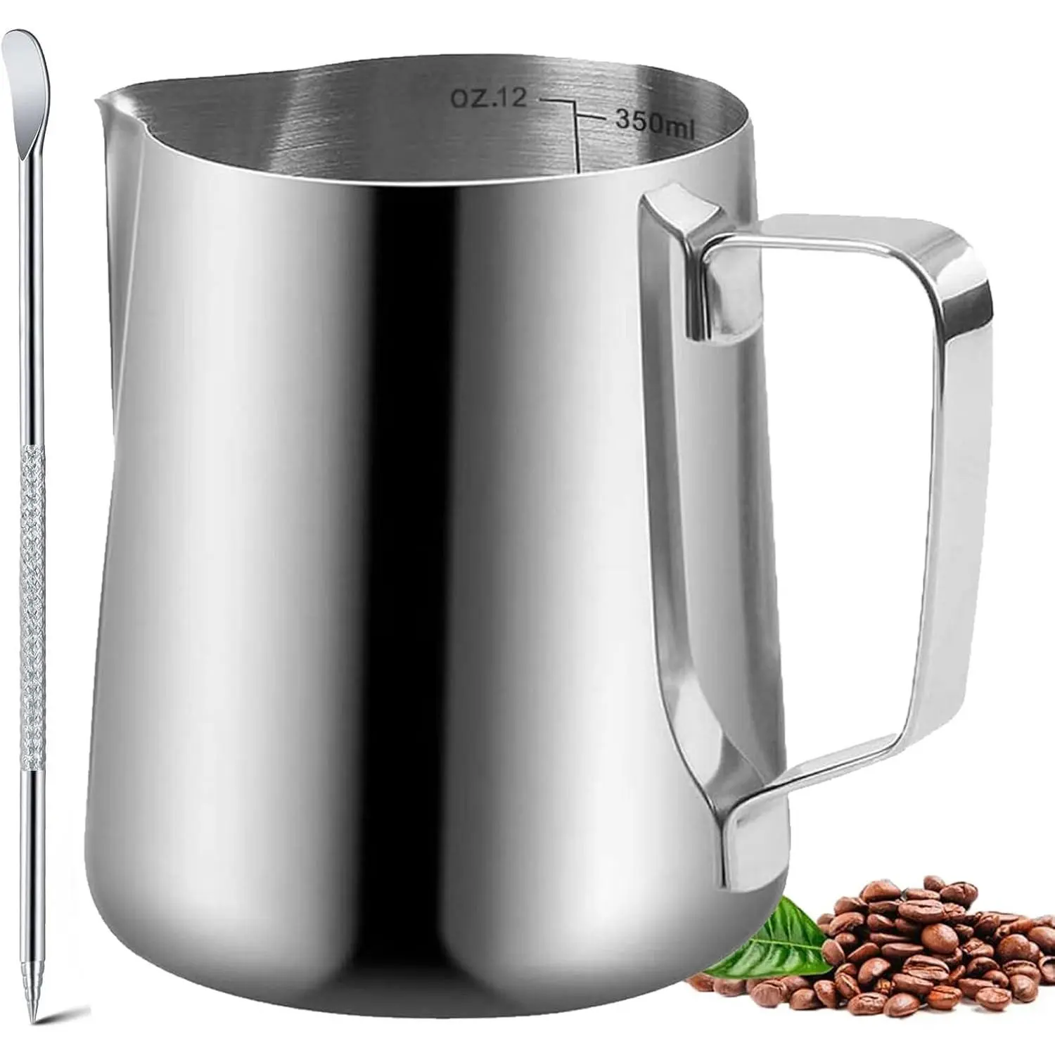 Milk Frother Cup, 12oz (350ml) Milk Frothing Pitcher Metal 304 Stainless Steel Steamer Cup, Coffee Milk Cappuccino Latte Art Barista Steaming Pitcher Espresso Jug with Decorating Pen