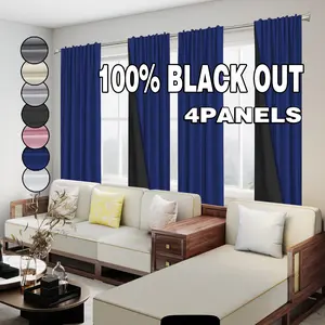 4 pieces of 100% blackout and heat-insulating curtains, Home decorative curtain, made of polyester, designed with laminating technology, hanging through poles, suitable for decoration occasions such as bedrooms, living rooms, offices, etc
