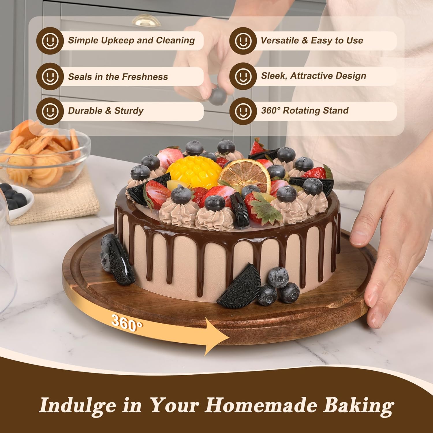 Cake Stand with Dome Lid, 12in Acacia  Cake Plate with Cover, Wooden Cake Display Stand with  Dome, Cake Decorating for Baking Gifts, Birthday Kitchen Party, Weddings