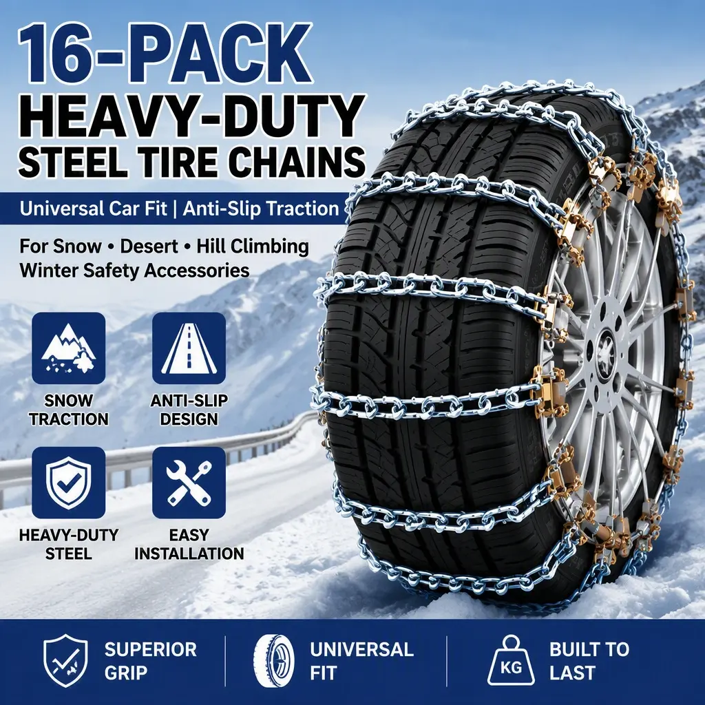 16‑Pack Steel Tire Chains|Universal Fit, Anti‑Slip for Snow & Desert Terrain