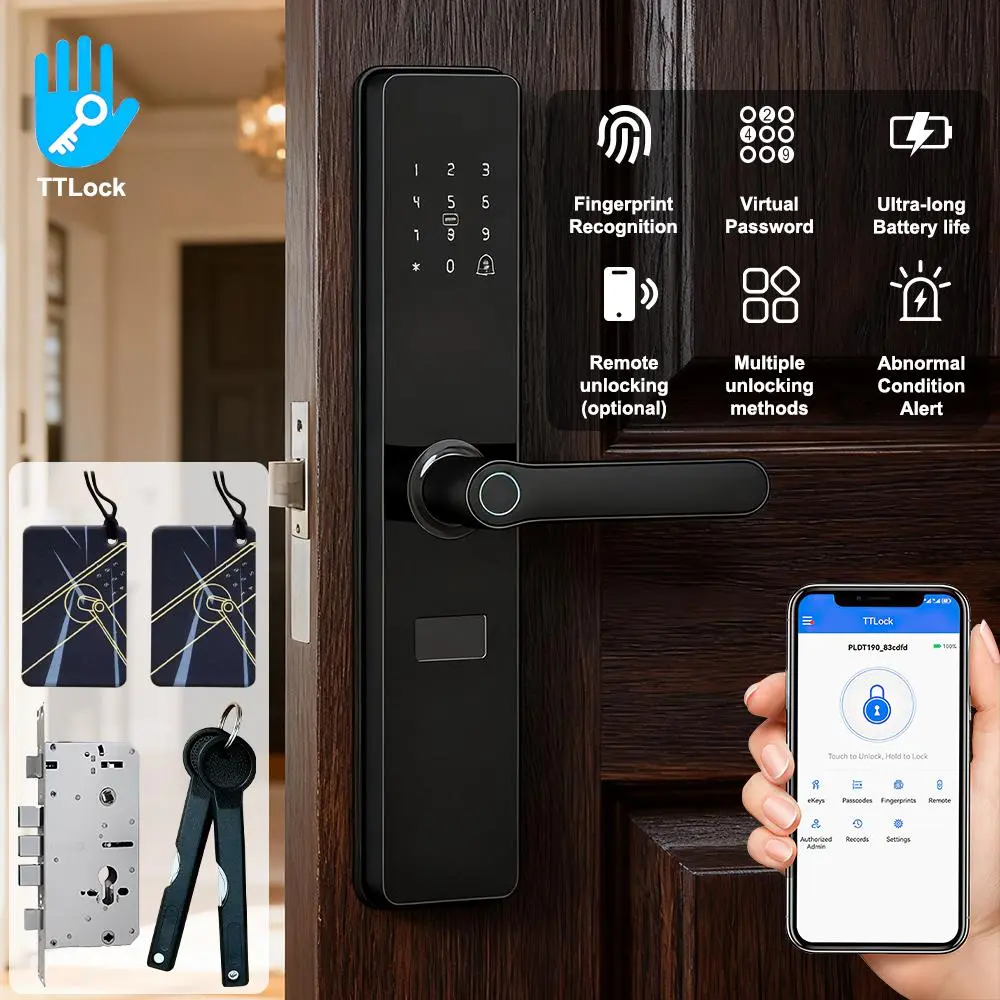 1000 IC Card Smart Door Lock with Handle, 192x192 High-Resolution Fingerprint Keyless Entry Door Lock, TTLock App Bluetooth Control, Virtual Password & Keys, Extra-Long Battery Life Smart Lock for Home, Office, Apartment
