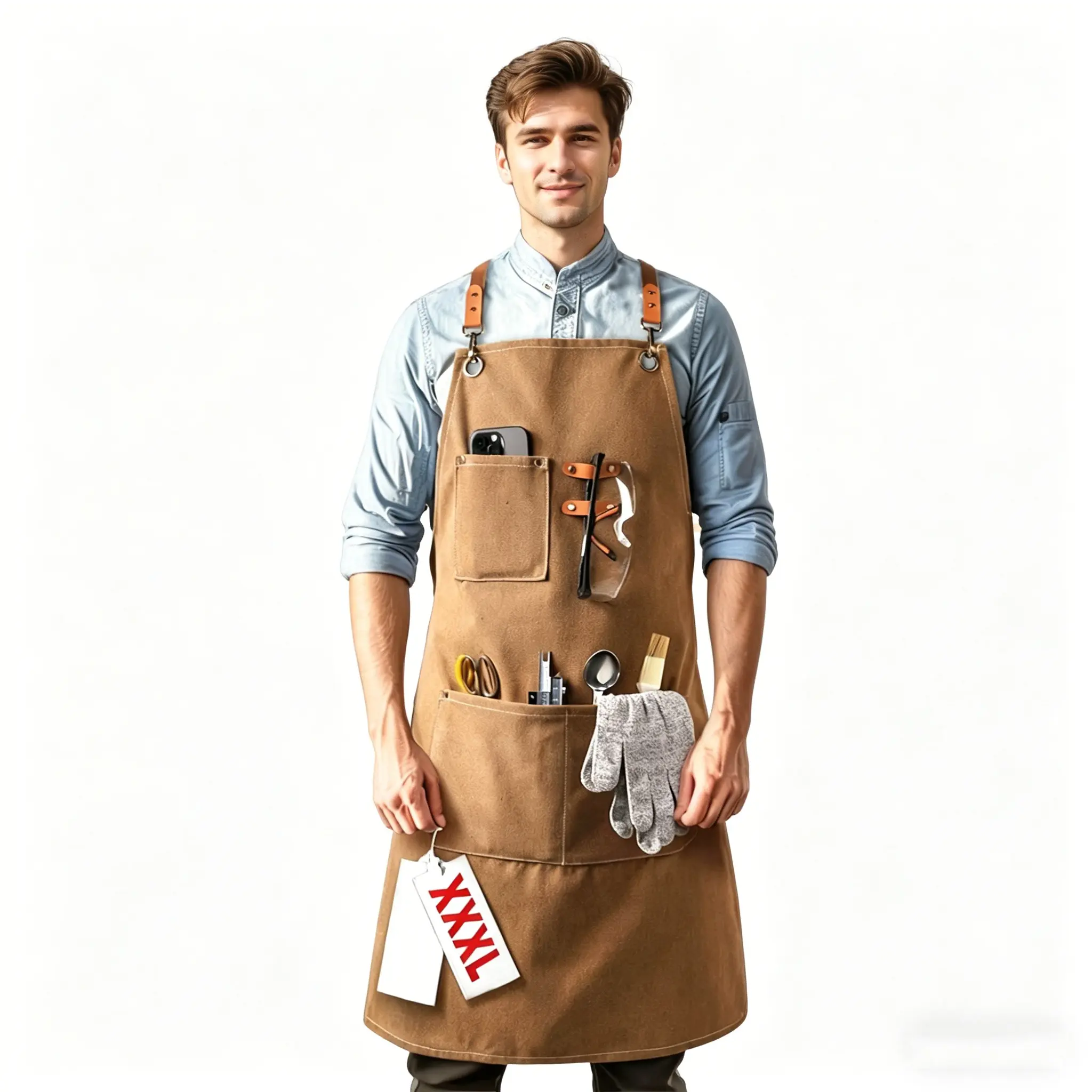 Durable Canvas Bib Apron with Leather Buckle Strap, Multi Pocket Uniform for Chef, Baker, Barista, Salon, Professional Kitchen Gear, Pocketed Aprons