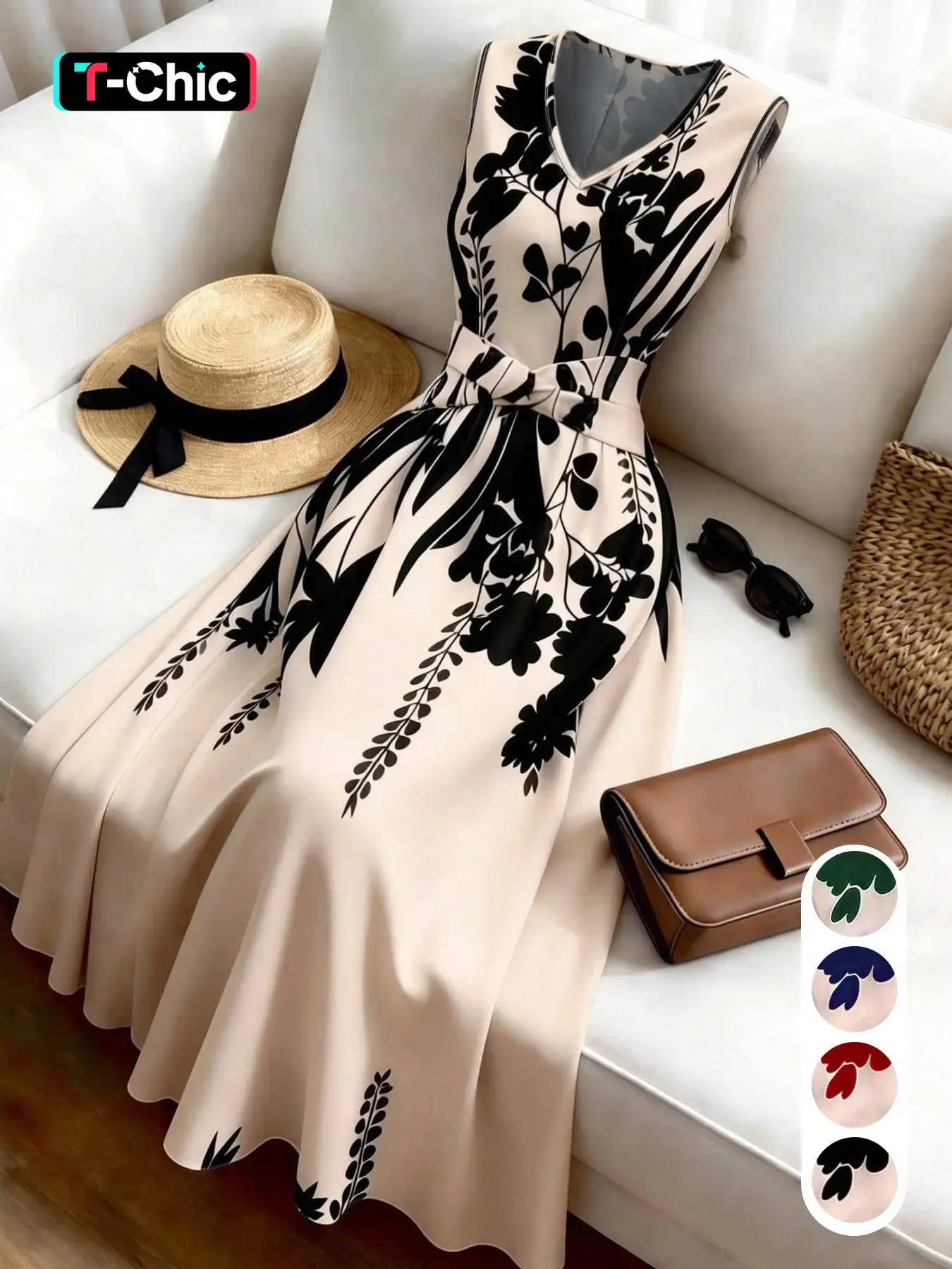 Women's Fashion Feminine Casual Chic Floral Print Sleeveless Vneck Dress, Summer Clothes for Vacation, Office, Beach and Graduation Party, Boho V Neck