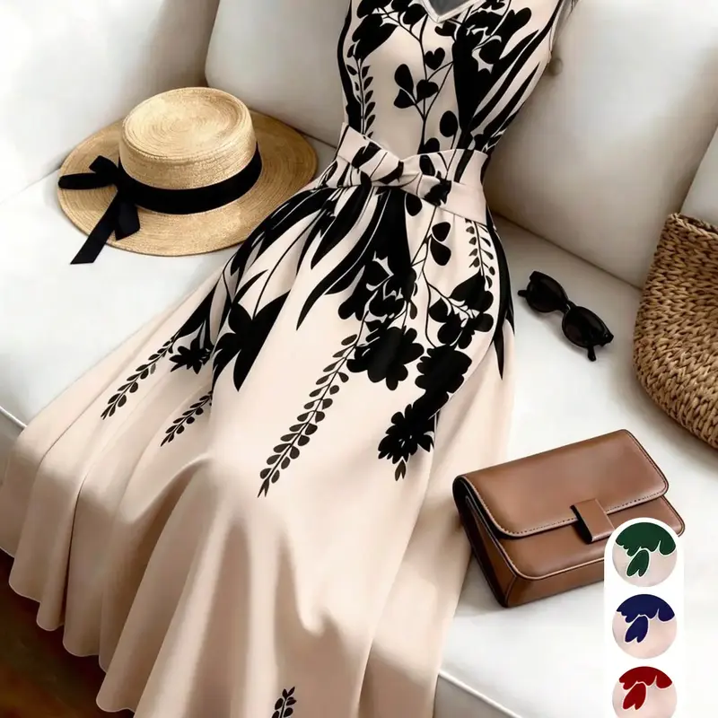 【Black Friday】Women's Fashion Feminine Casual Chic Floral Print Sleeveless V-Neck Dress, Summer Clothes for Vacation, Office, Beach and Graduation Party, Boho Style