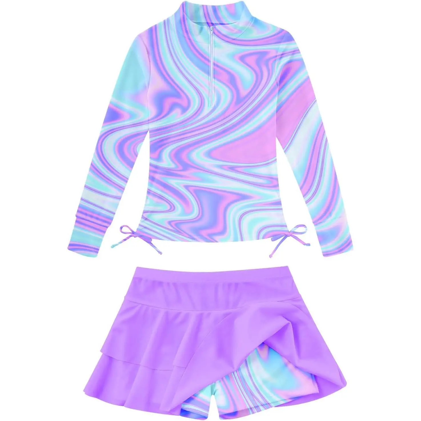 3-12T Girls Rash Guard 2 Pieces Bathing Suit Long Sleeve Swimsuit Swimming Skirt with Shorts Swimwear(Gift)