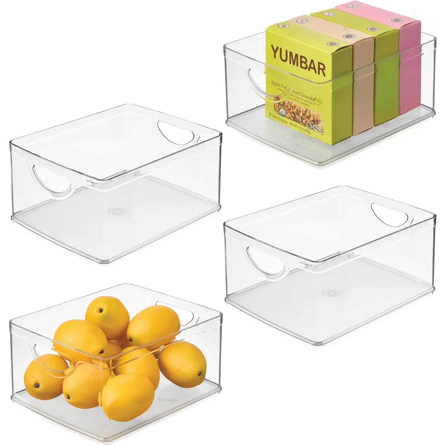 Plastic Stackable Kitchen Cabinet Storage Bin with Handles - Clear Pantry Organizer, 4-Pack