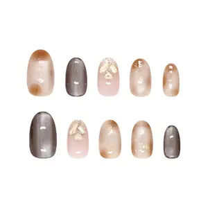 24PCS Short Almond Press On Nails Nude Brown Grey Gradient Design with Gold Glitter Accent, Minimal Luxury Glossy Reusable Acrylic False Nails for Daily Wear with 1 Jelly Glue & 1 Nail File
