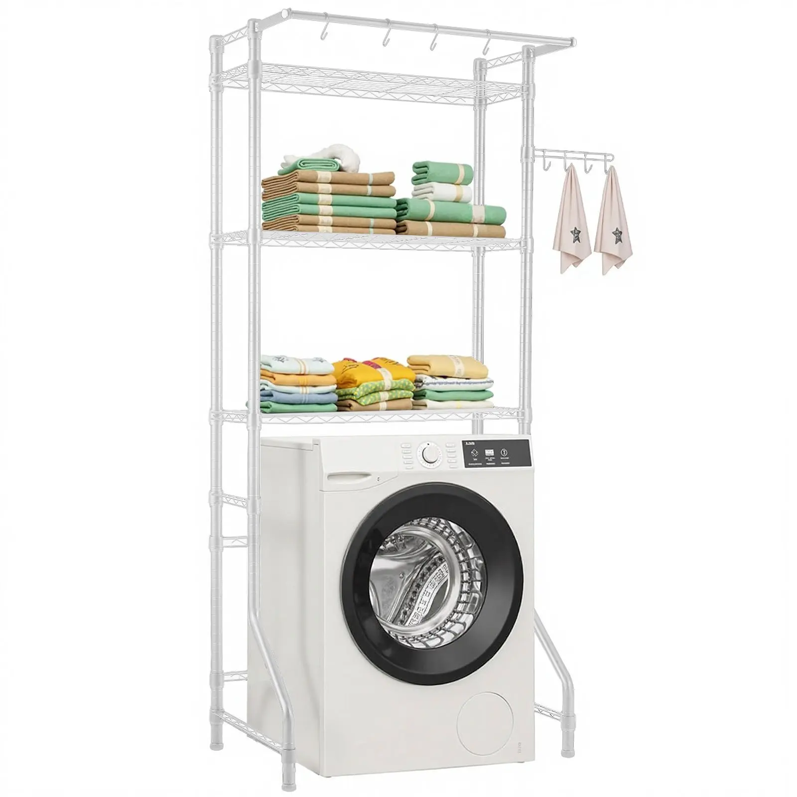 VEVOR 3-Tier Washer Storage Organizer Shelf with Hanger Rod and Hooks, Single Row Adjustable Space Saver for Laundry Room Organization, Daily Use, White