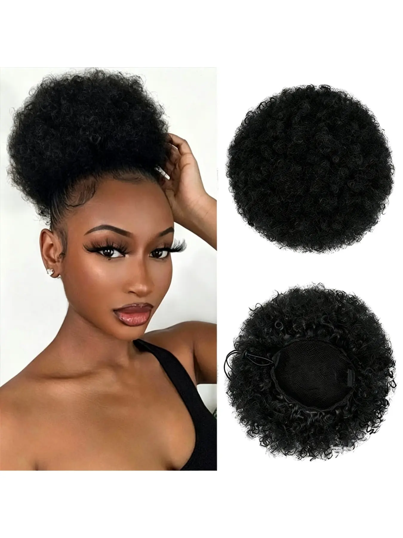 Afro Puff Drawstring Ponytail for Black Women, Adjustable Drawstring Ponytail, Short Kinky Curly Afro Ponytail Synthetic Hair Puffs, Premium Black Afro Bun Drawstring Ponytail for Women Girls