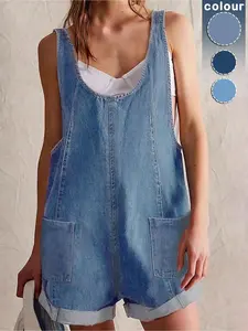 Women's Solid Color Denim Adjustable Overalls, Casual Comfy Sleeveless Overalls  for Daily Wear, Ladies Clothes for Spring & Summer