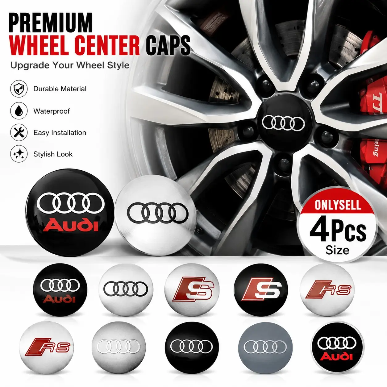 Audi Car Wheel Center Cap Stickers 4Pcs 56mm Wheel Hub Center Cover Emblem Decal ABS Waterproof Dustproof Scratch Resistant Easy Install Universal Replacement for Car Wheel Rim Exterior Accessories Silver Black RS S Style