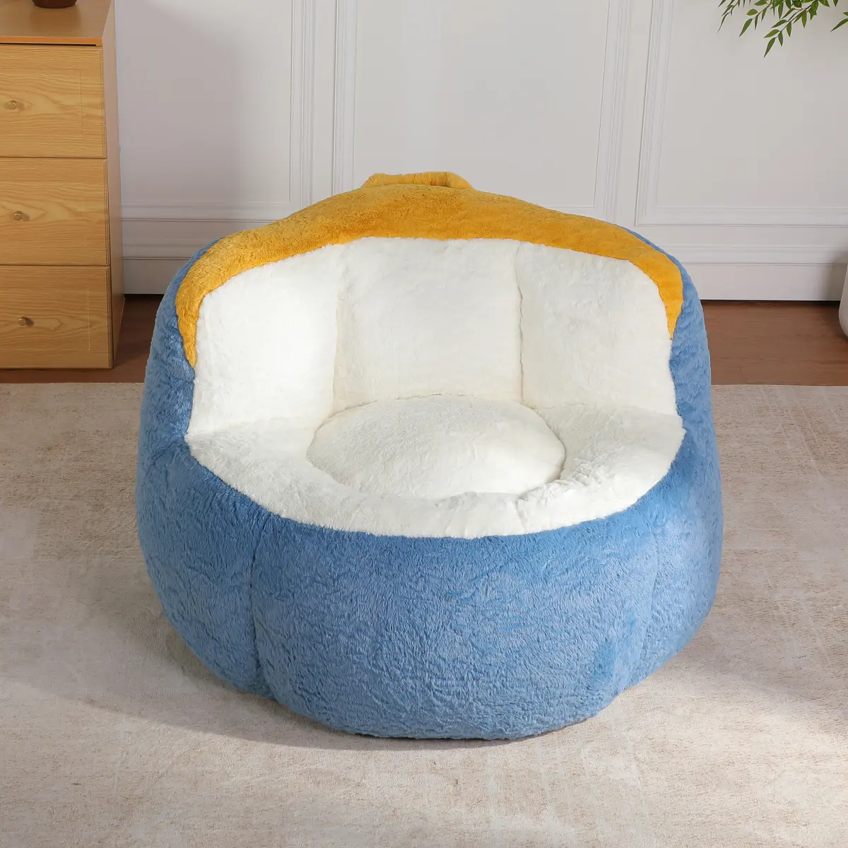 Blue 43.31 Inch Round Faux Fur Oversized Bean Bag Sofa, High Density Foam Filling Ergonomic Lounger Chair, No Assembly Anti-Slip Portable Space Saving Relax Sofa for Living Room