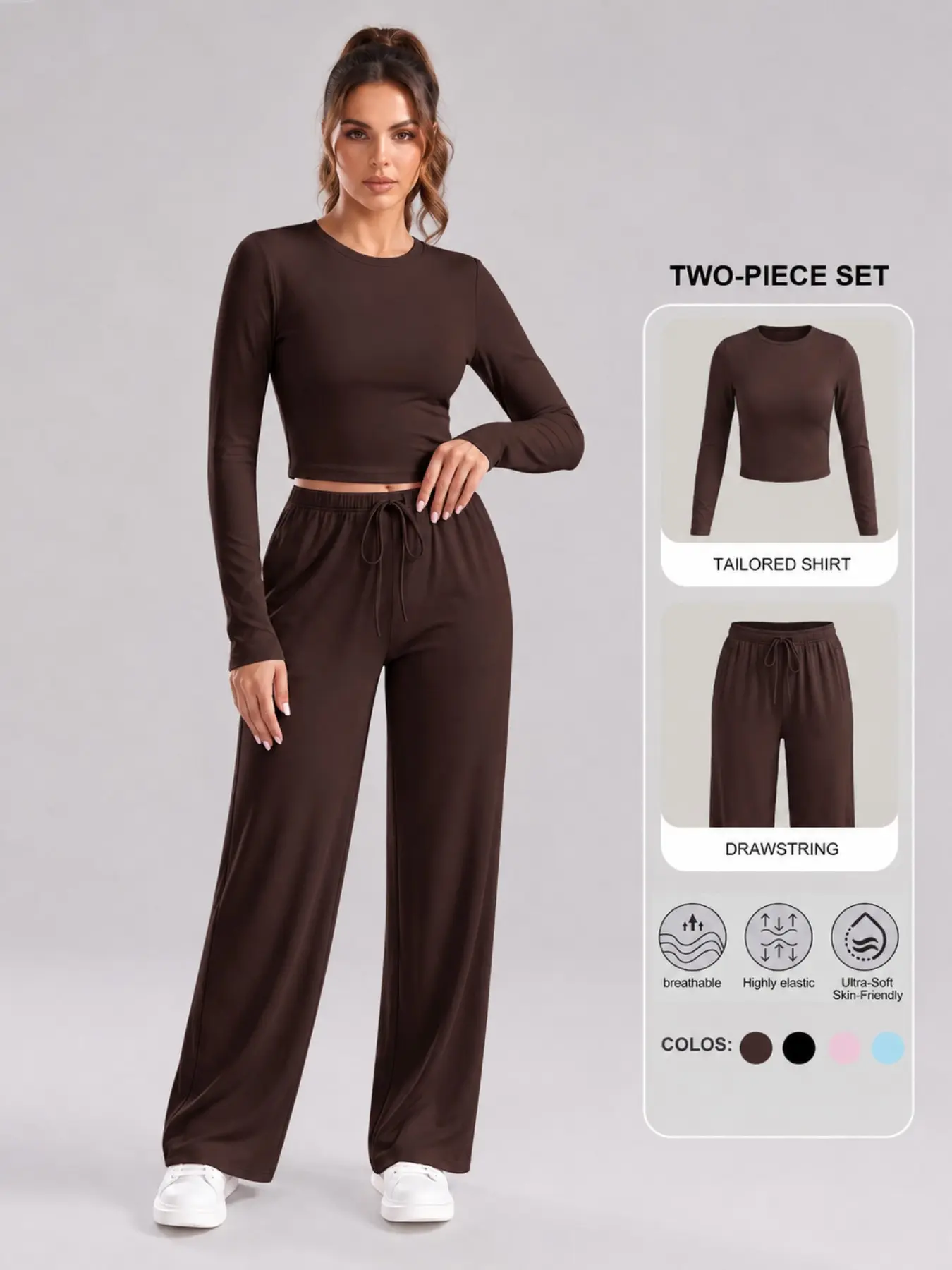 Women's Ultra Soft 2 Piece Tracksuit - Long Sleeve Compression Gym Shirt and Tummy Control Wide Leg Lounge Pants with Phone Pockets, Athletic Jogger Set, Yoga Fitness Set
