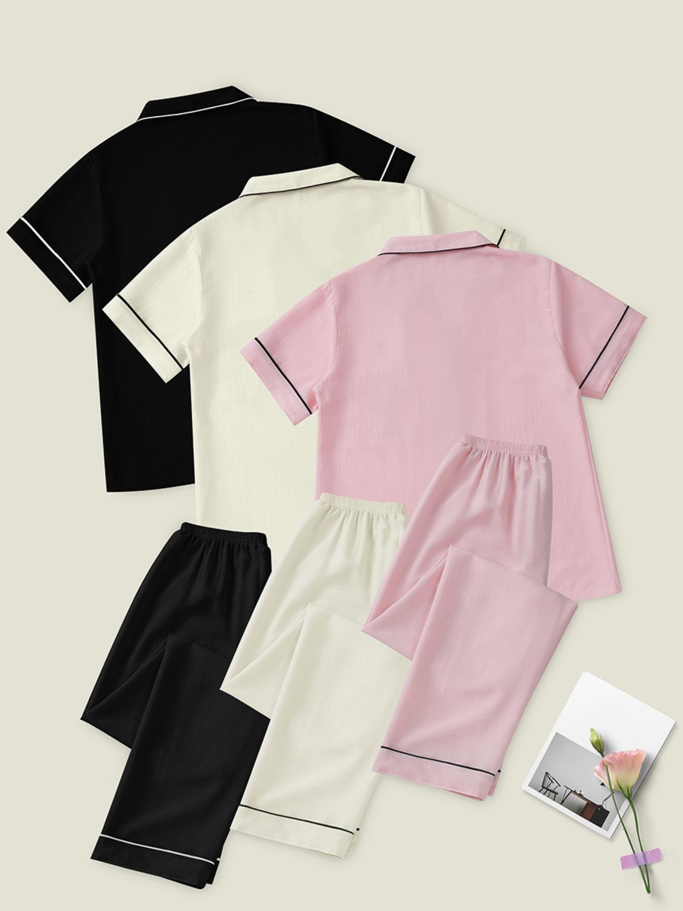 Women's Heart Embroidery Notch Collar Short-Sleeve Pocket Pajama Set, Casual Comfy Shirt & Shorts Sleepwear for All Seasons Women's Heart Embroidery Notch Collar Short-Sleeve Pocket Pajama Set, Casual Comfy Shirt & Shorts Sleepwear for All Seasons