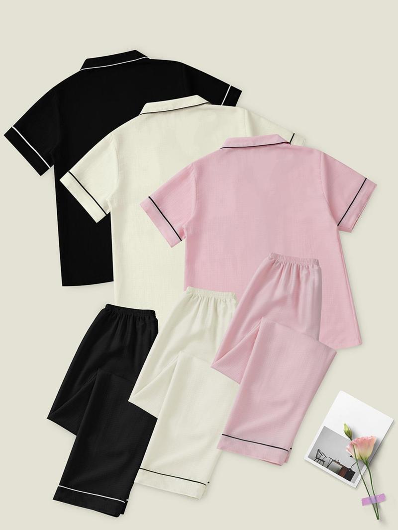 Women's Heart Embroidery Short Sleeve Pajama Set, Casual Comfy Lapel Neck Pocket Shirt & Shorts Pj Set, Ladies Sleepwear for All Seasons, Loungewear