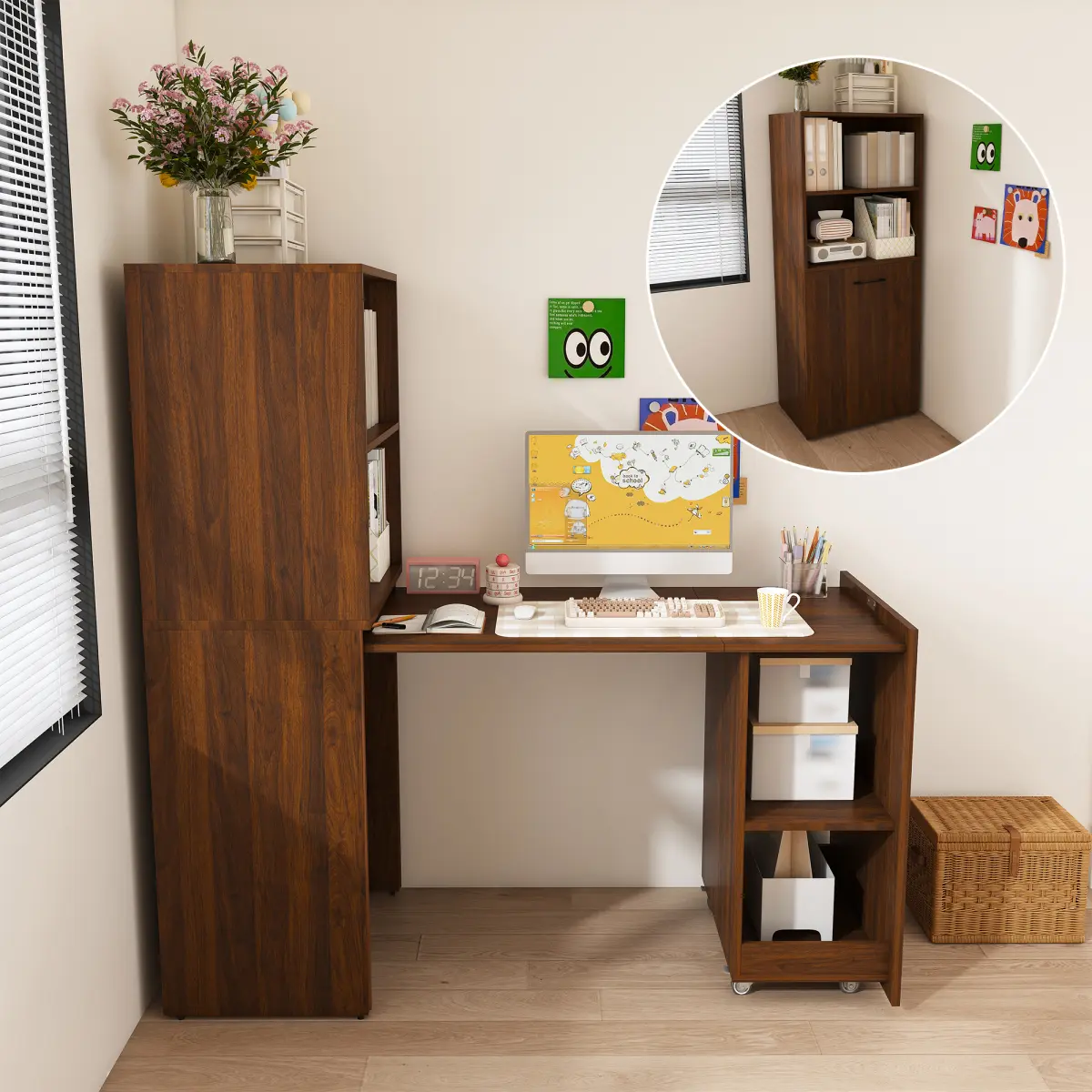 Stretchable desk, office desk with storage shelves and mobile wheels, foldable desk suitable for small apartments and offices