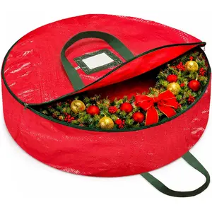 Christmas Wreath Storage Container 30 Inch - Wreath Bag for Artificial Wreaths Box - Dual Zippered Wreaths Storage Bag with Strong Durable Handles - Red