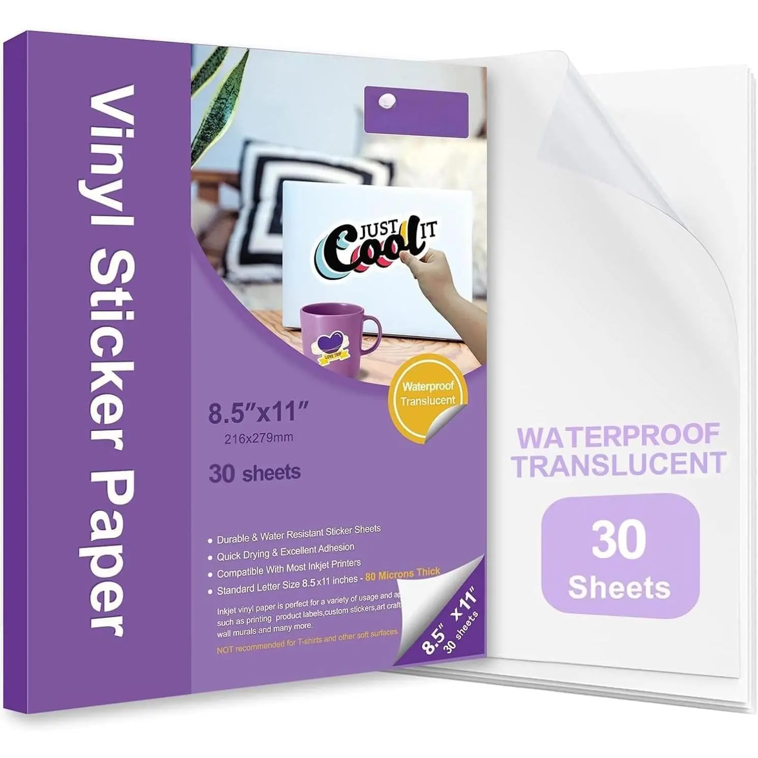 Printable Vinyl Sticker Paper,Translucent 30 sheet Clear Self-Adhesive Sheets,Dries   Colors Decal Paper, Resistant-for Any Epson    Inkjet Printer