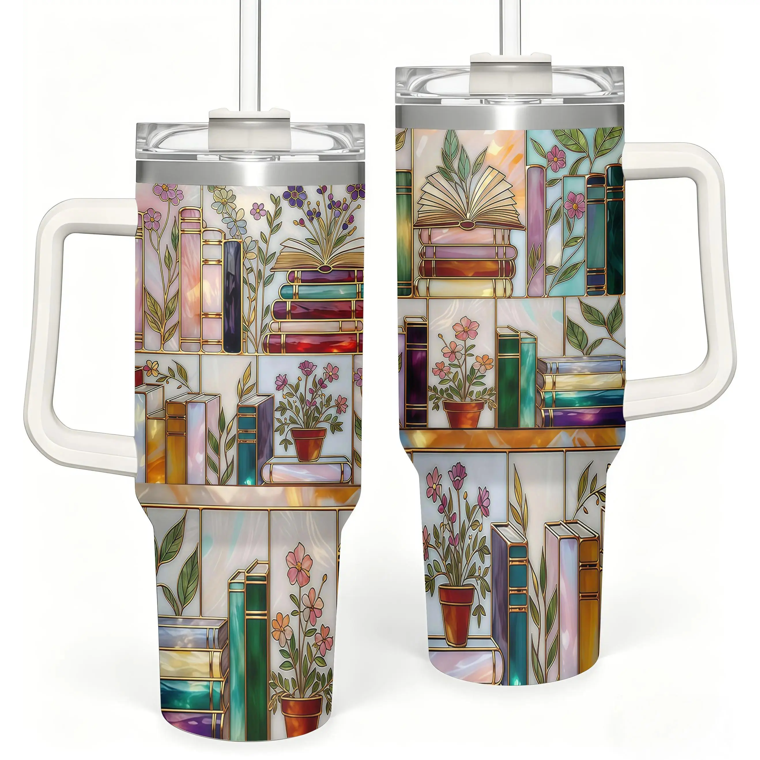 Stained-Glass Book Design 40oz Tumbler, Floral Bookshelf Tumbler, Book Lover Gift, Bookish Cup, Library Cup, Tea Cup, Coffee Mug, Gift for Friends, Kitchen Drinkware, Dealsforyou, Summerwins