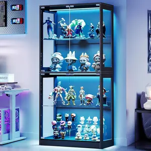 Modern Display Cabinet with Adjustable Glass Shelves 4 Tier Storage Case with LED Lights Press to Open Doors Display Shelf for Collectibles Home Display Living Room anti-tip kit